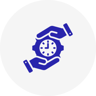 Hands holding clock icon in blue.