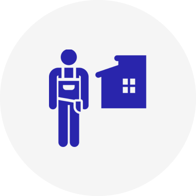 Worker icon beside house silhouette.
